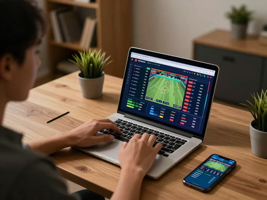 Engaging online betting moment with nhandinhkeonhacai platform displayed on laptop, showcasing strategic gameplay.