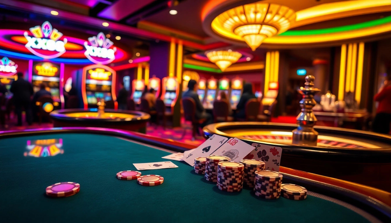 Action-packed scene of a casino showcasing XX88 with poker chips on a table and a roulette wheel spinning.