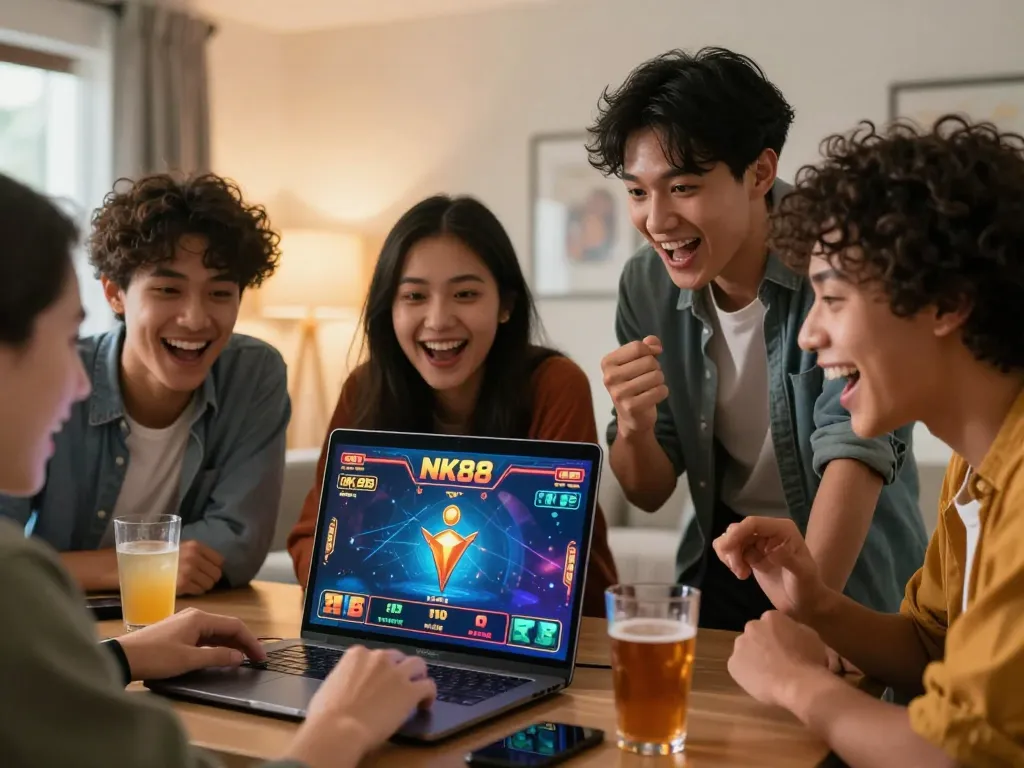 Excited group enjoying nk88 online betting games in a vibrant setting.