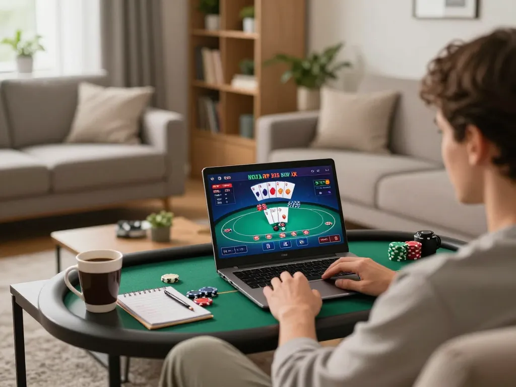 Engaging in online poker at Ko66 with vibrant gameplay displayed on the laptop, showing strategic betting.