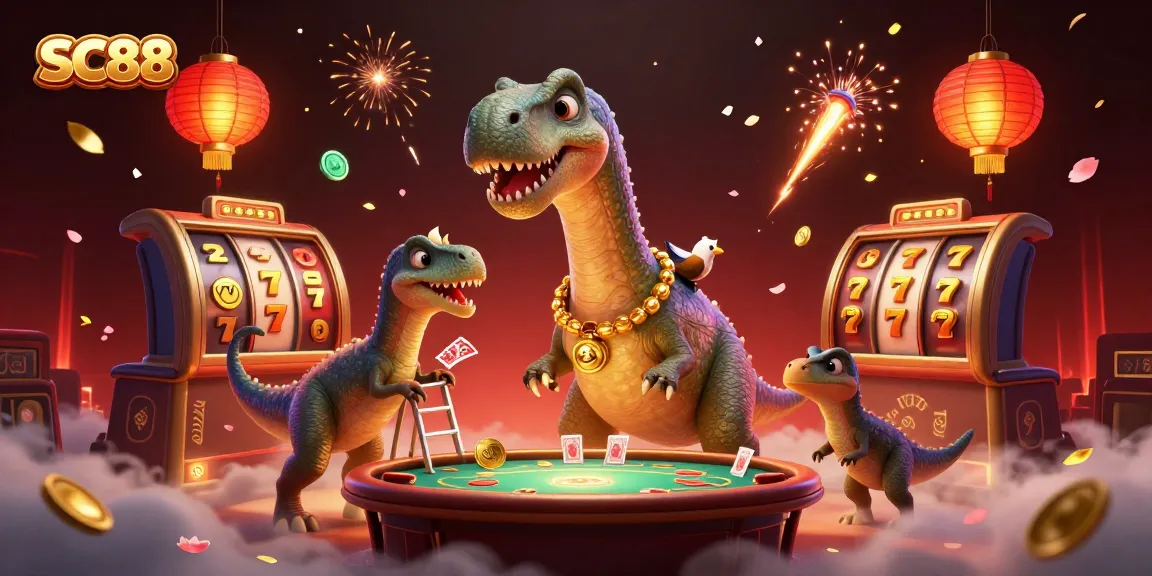 Engage with SC88's vibrant online gaming atmosphere through a stunning dinosaur-themed illustration featuring lively casino elements.