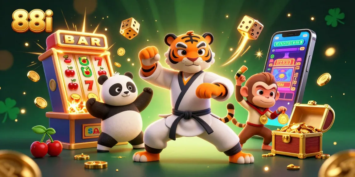 Engage with 88i's jackpots and casino thrills through a vibrant 3D illustration showing a kung fu tiger master amidst colorful slot game elements.