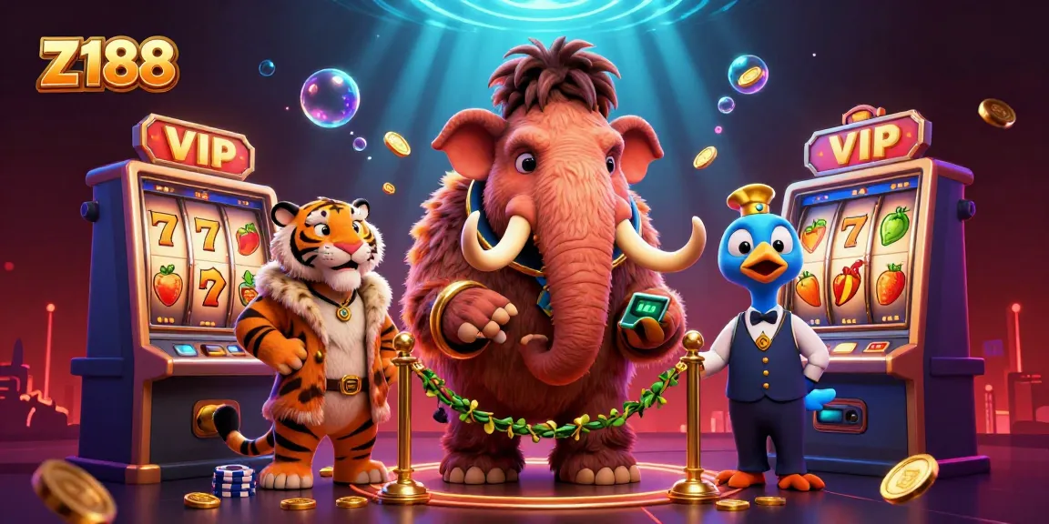Z188 casino scene showing a woolly mammoth bouncer, saber-tooth guest, and slot machines.