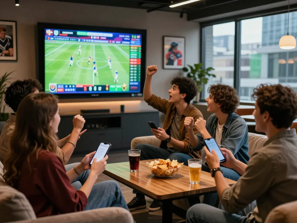 Exciting sports betting atmosphere at https://vaobong1gom.cn.com/ with friends cheering and placing live bets.