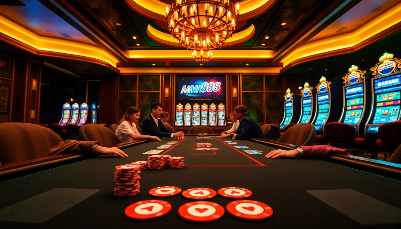 Players enjoying a high-stakes game at MM88 casino with vibrant poker chips and cards.