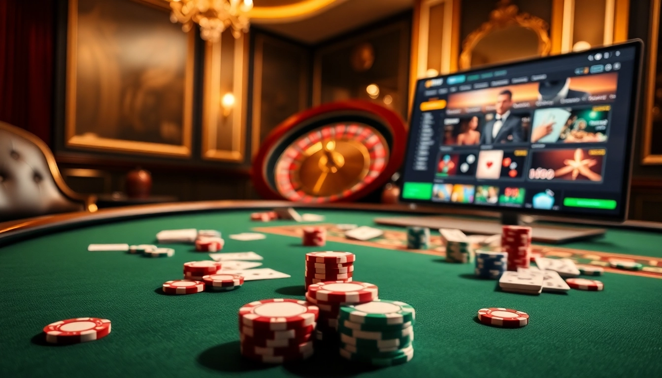 Experience the thrill of live gambling with okwintv, showcasing a vibrant poker table and roulette wheel.