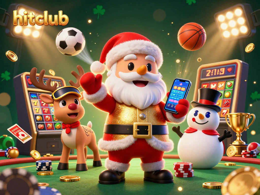 Engage with hitclub's thrilling slots while Santa and friends celebrate jackpots in a vibrant casino scene.