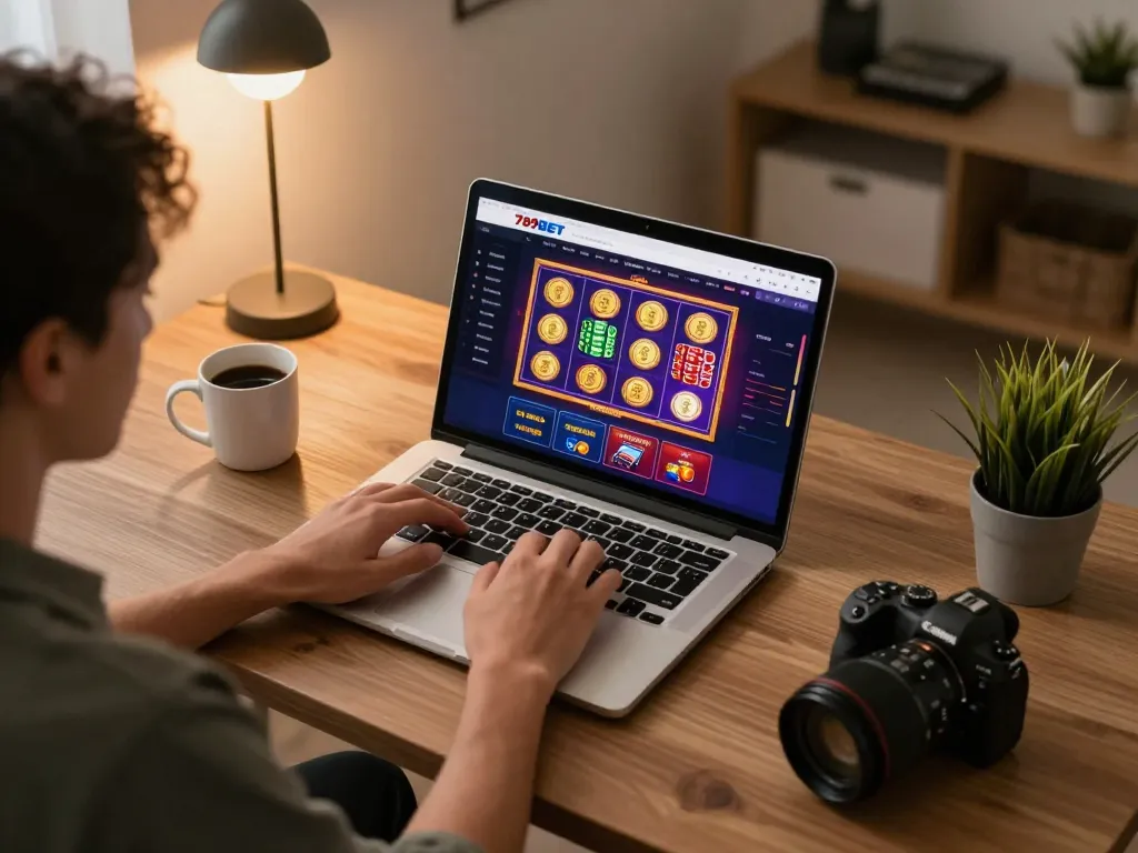 Engaging home gaming setup showcasing nhà cái 789BET on laptop with vibrant slots, promoting responsible gambling.