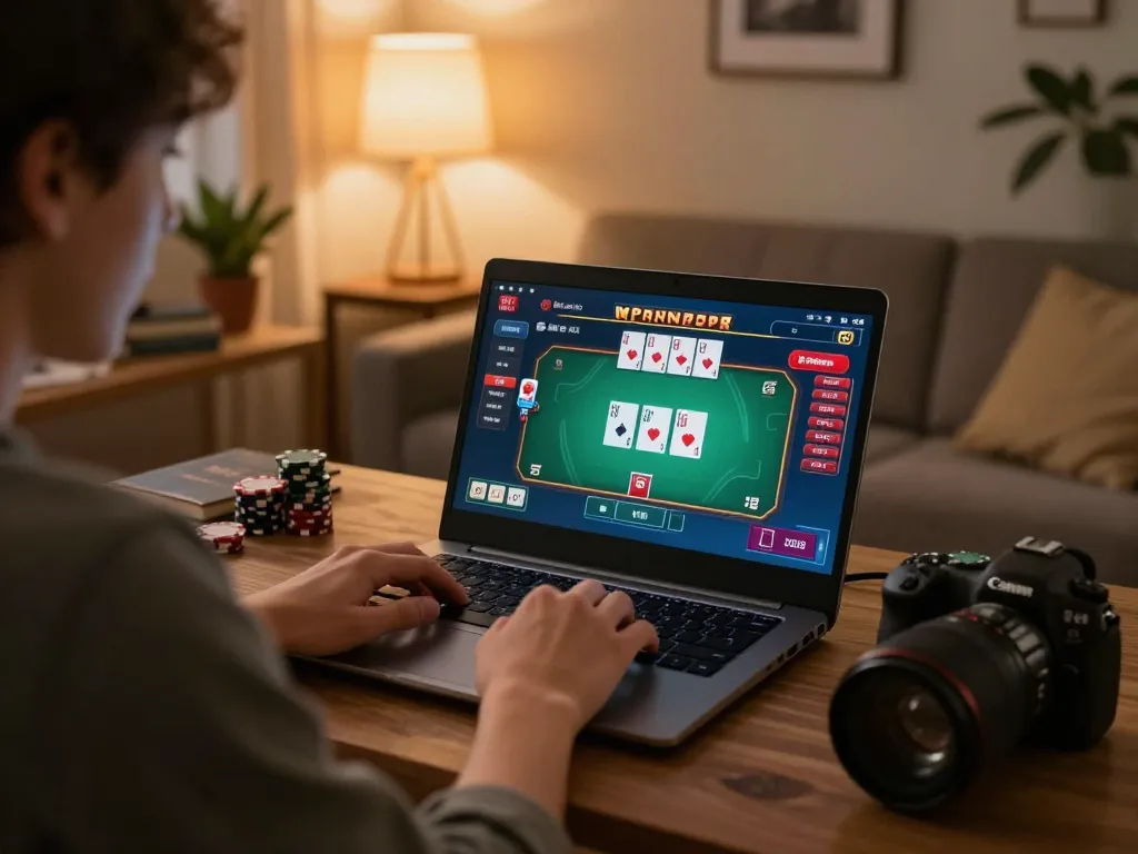 Engaged player at home exploring a fun poker game on 33win online casino platform.