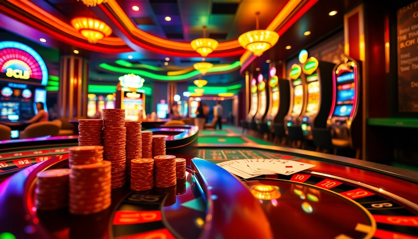 Gamblers enjoying the exciting atmosphere at 88CLB casino, featuring a roulette table and slot machines.