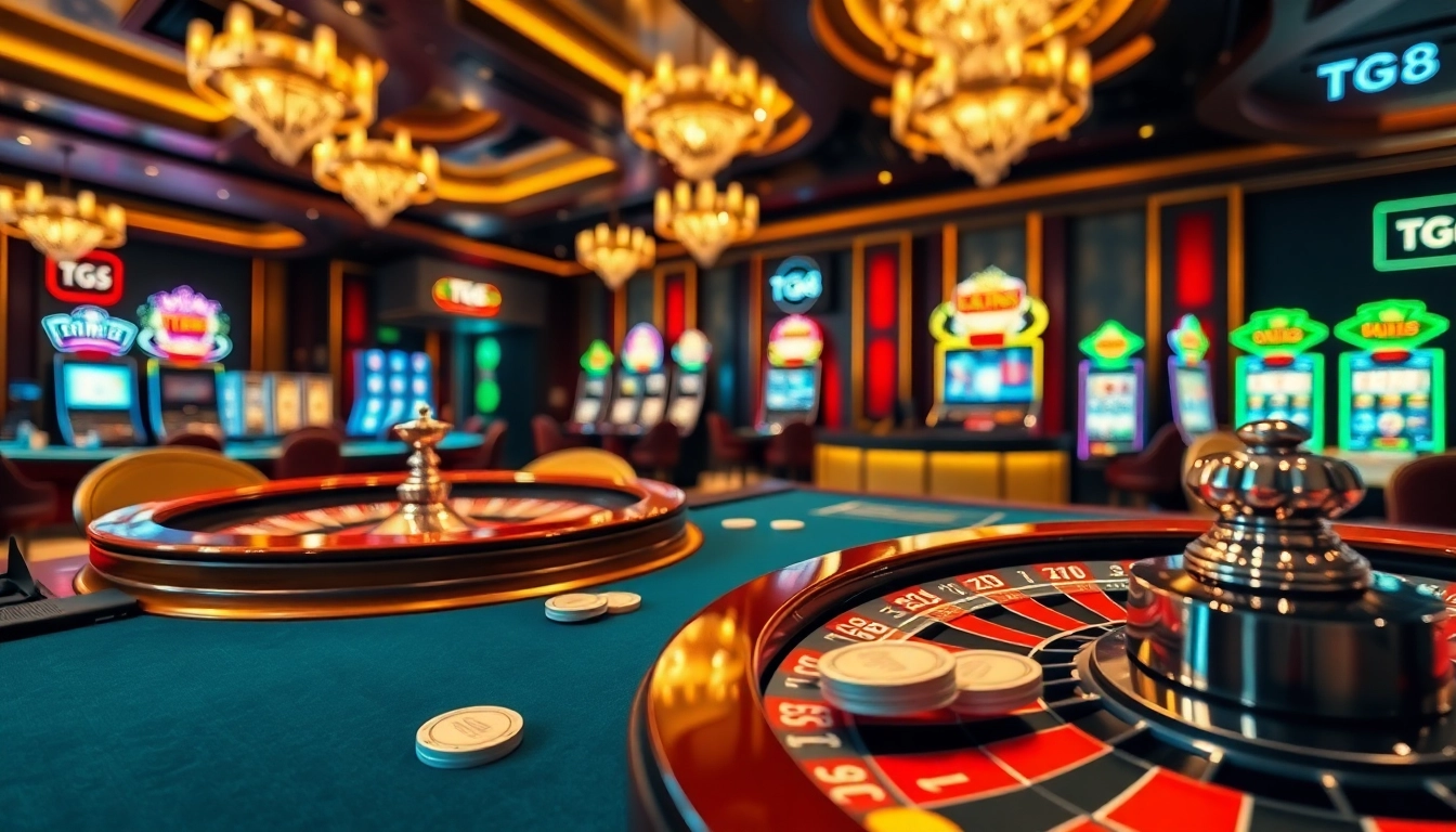 Experience exciting gaming at TG88 with vibrant slot machines and an elegant roulette wheel.
