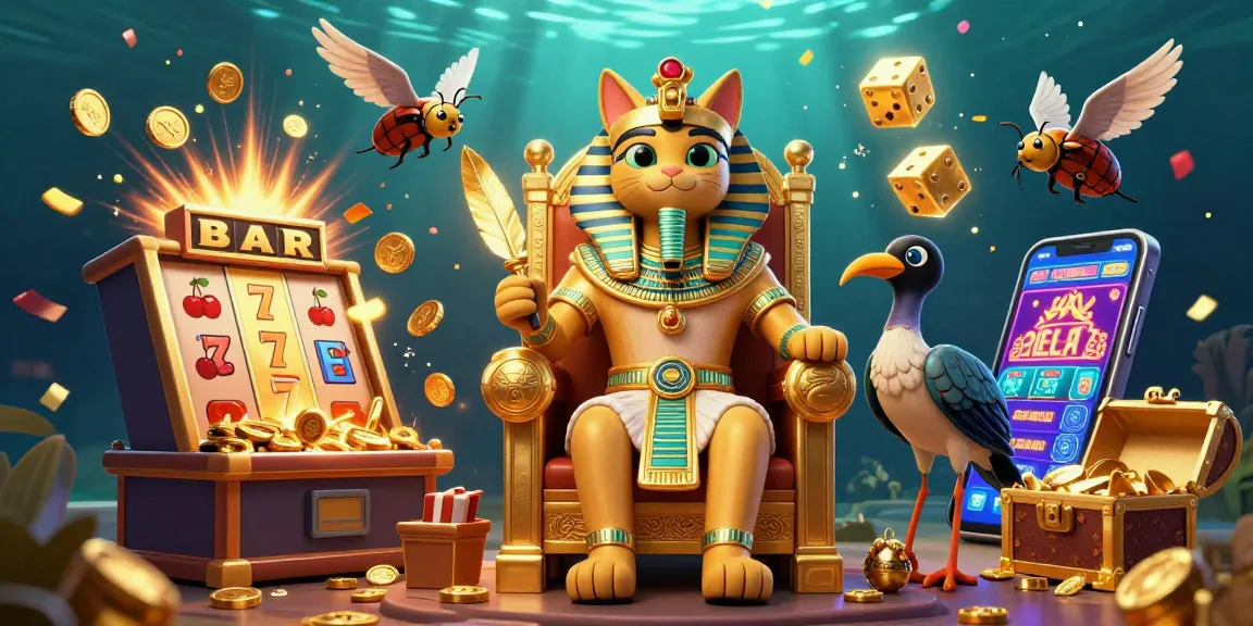 Engage in thrilling slots and jackpots at 89BET with a vibrant illustration of a pharaoh cat surrounded by casino excitement.