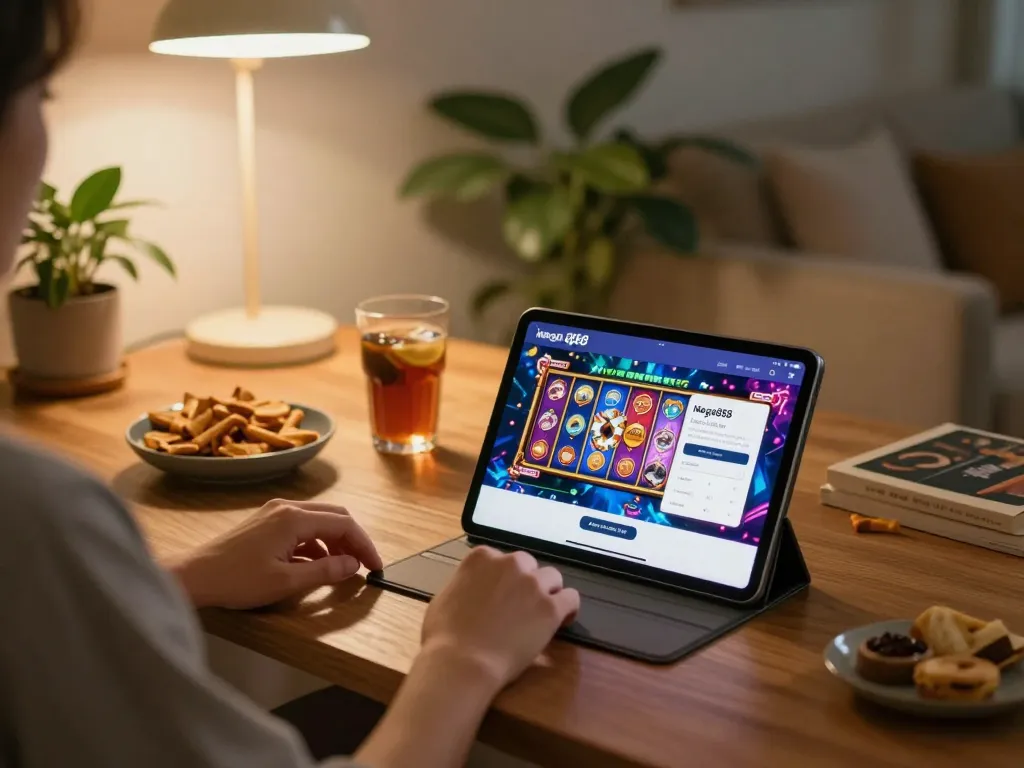Engaging with mega888 login malaysia on a tablet in a cozy home setting with snacks and gaming atmosphere.