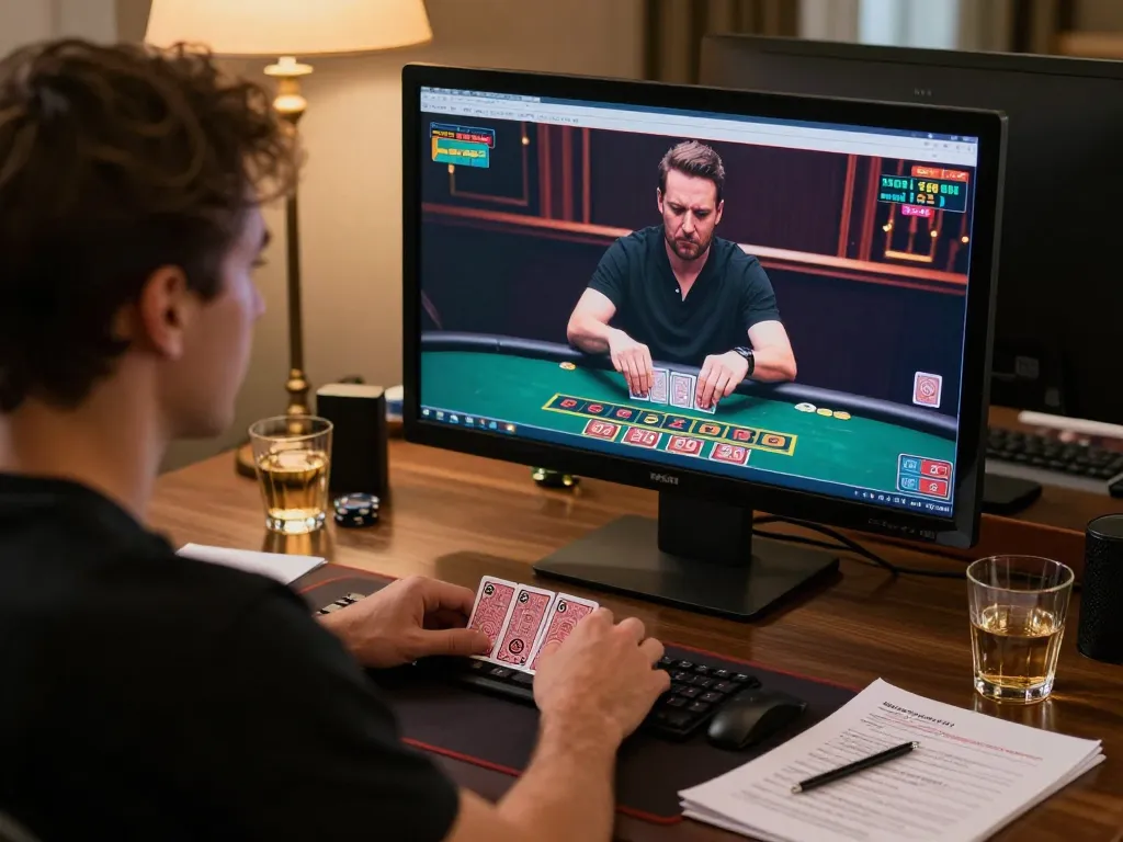 Engaging online player at SC88 live baccarat table, focused on dealer card action with drink and betting notes.