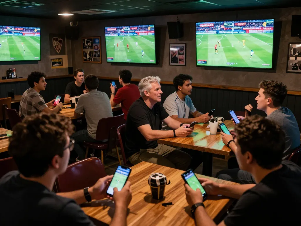 Fans engaging with CakhiaTV broadcasts while placing bets on their mobile devices in a lively sports bar