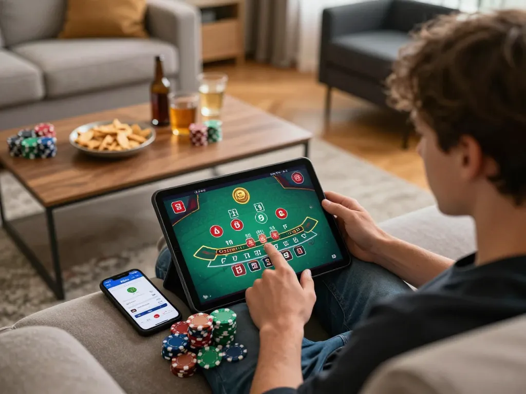 The man88 player enjoying a live dealer blackjack game on a tablet in a cozy home setting.