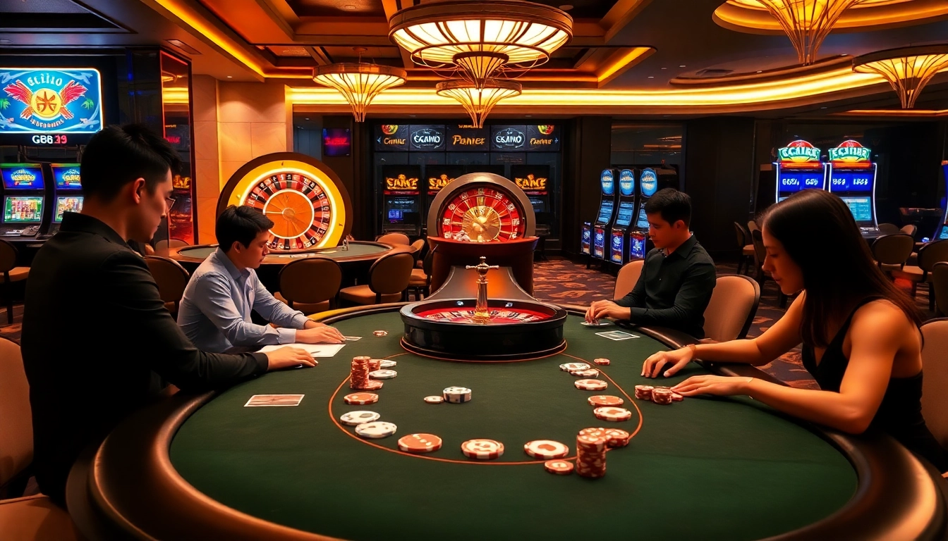 Excited players at a GG88 poker table surrounded by glamorous casino elements.