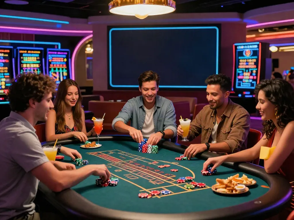 Exciting casino not on GamStop scene with friends at roulette table enjoying games and drinks.
