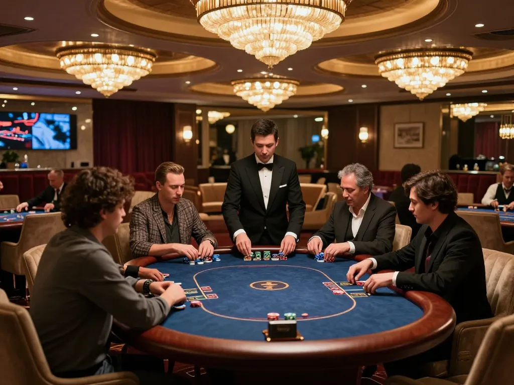 Sin88 players strategizing at a high-stakes poker table in an upscale casino atmosphere