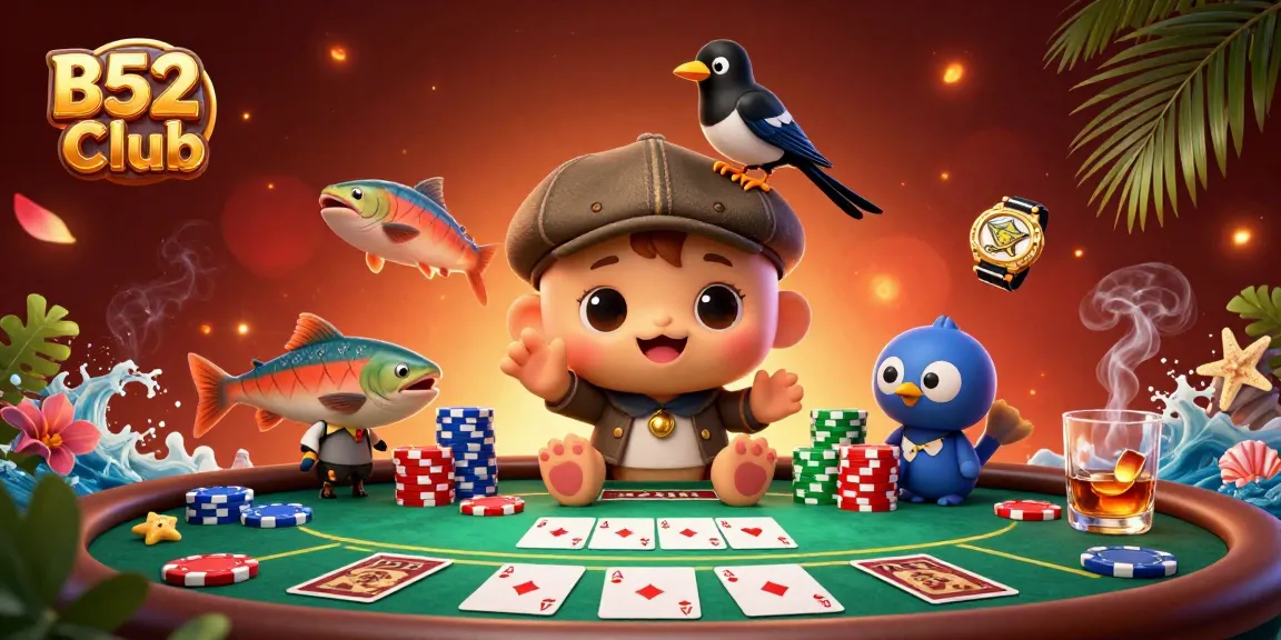 B52Club's vibrant dynamic casino scene featuring poker elements and cartoon characters in action.