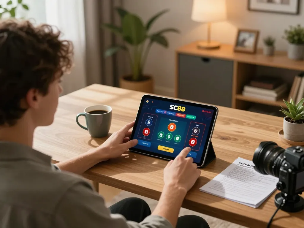 Player engaged in SC88 online casino gaming in a cozy home office setting, showcasing betting strategy and tablet interface.