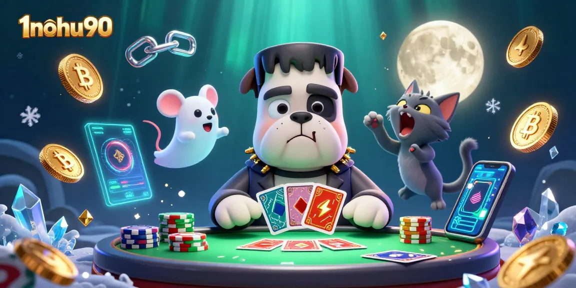 Experience thrilling gaming with 1nohu90: cartoon characters at a vibrant casino table.