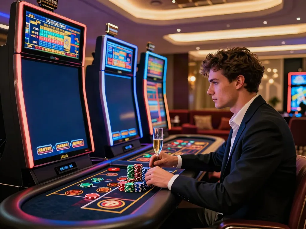 Engaging scene of online casino not on GamStop, featuring a stylish player enjoying games with colorful chips and drinks in an ambient lounge.