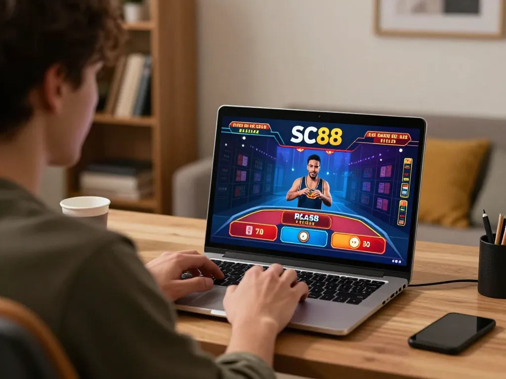 Engaging online player using SC88 live dealer games in a cozy home office setting.