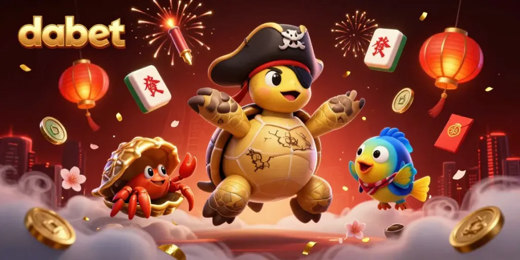 Engage with dabet's vibrant casino scene featuring a pirate turtle and lucky symbols in action.