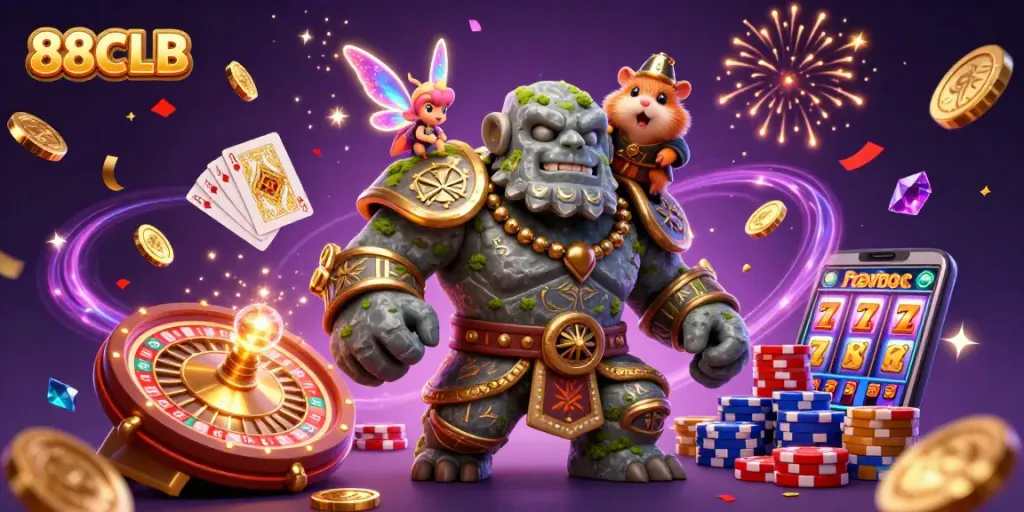 Experience thrilling gameplay at 88CLB with a dynamic casino scene featuring enchanted characters amidst a flurry of riches.