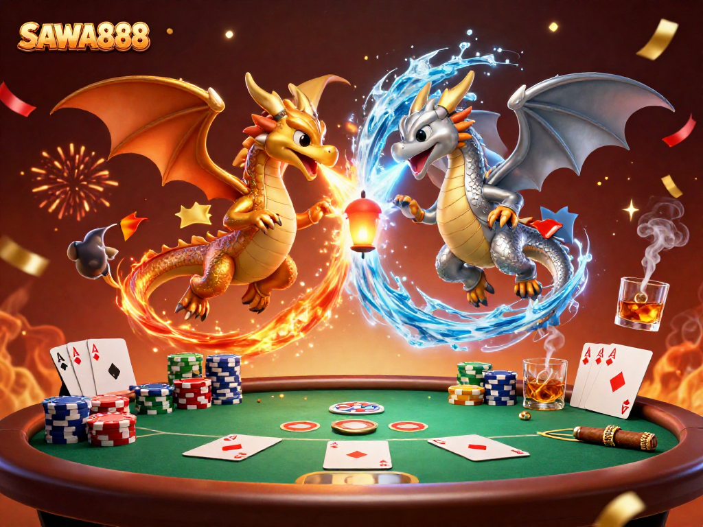 Engage with SAWA888's exciting gameplay featuring gold and silver dragons amidst poker and casino elements.