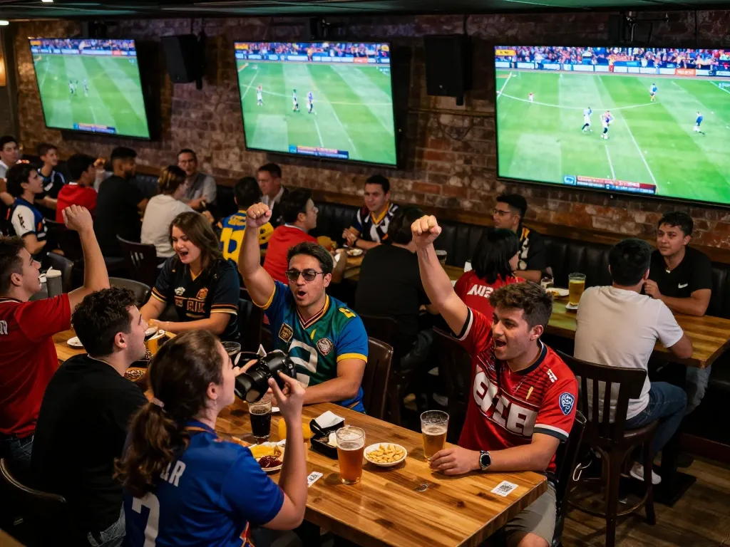 Enjoying ดูบอล with friends at a lively sports bar, celebrating goal moments and sharing excitement.