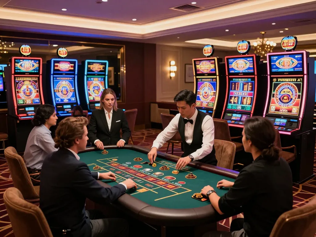 Engaging scene at KO66 online casino featuring players in luxury gaming room enjoying live dealer games and vibrant slot machines.