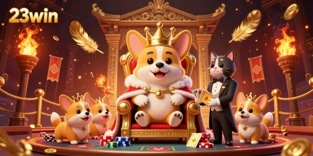 Engage with 23win's vibrant gambling scene led by a royal corgi on a throne of chips!