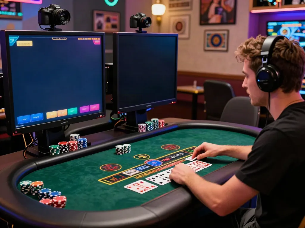 Excited player engaging in a live dealer table game at a casino not on GamStop, with vibrant graphics and dynamic atmosphere.