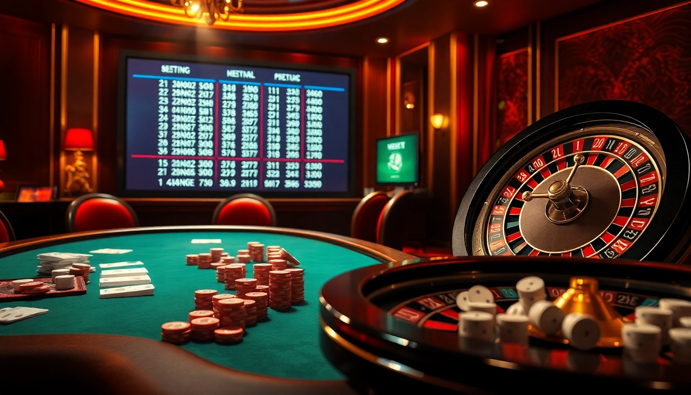 Strategically accessing SHBET chính thức at an exciting casino scene with poker and roulette.