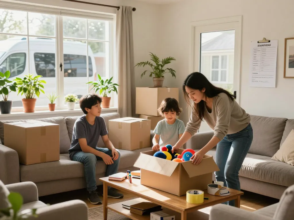 Removals Blackpool family preparing for moving day, packing boxes and checklist in cozy living room.