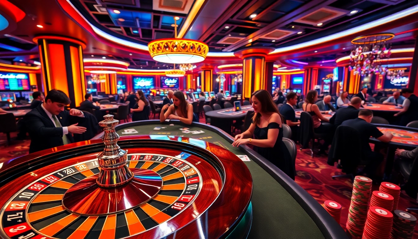 surewin casino scene with gamblers at the roulette wheel and poker table showcasing excitement