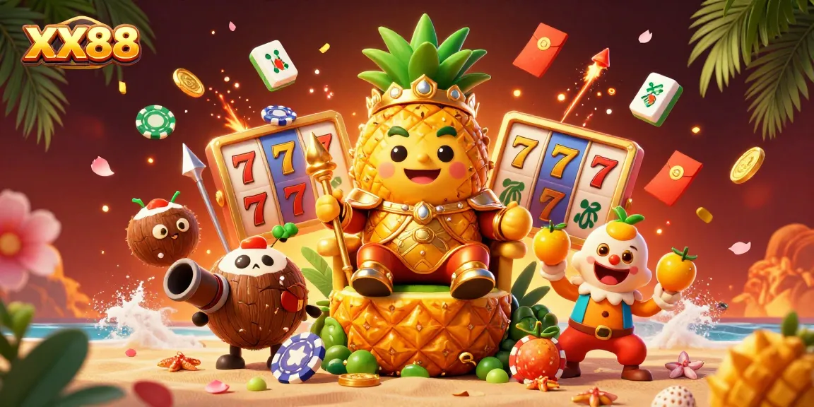 Immerse in the vibrant action of XX88 with a golden pineapple king, casino elements, and tropical decor.