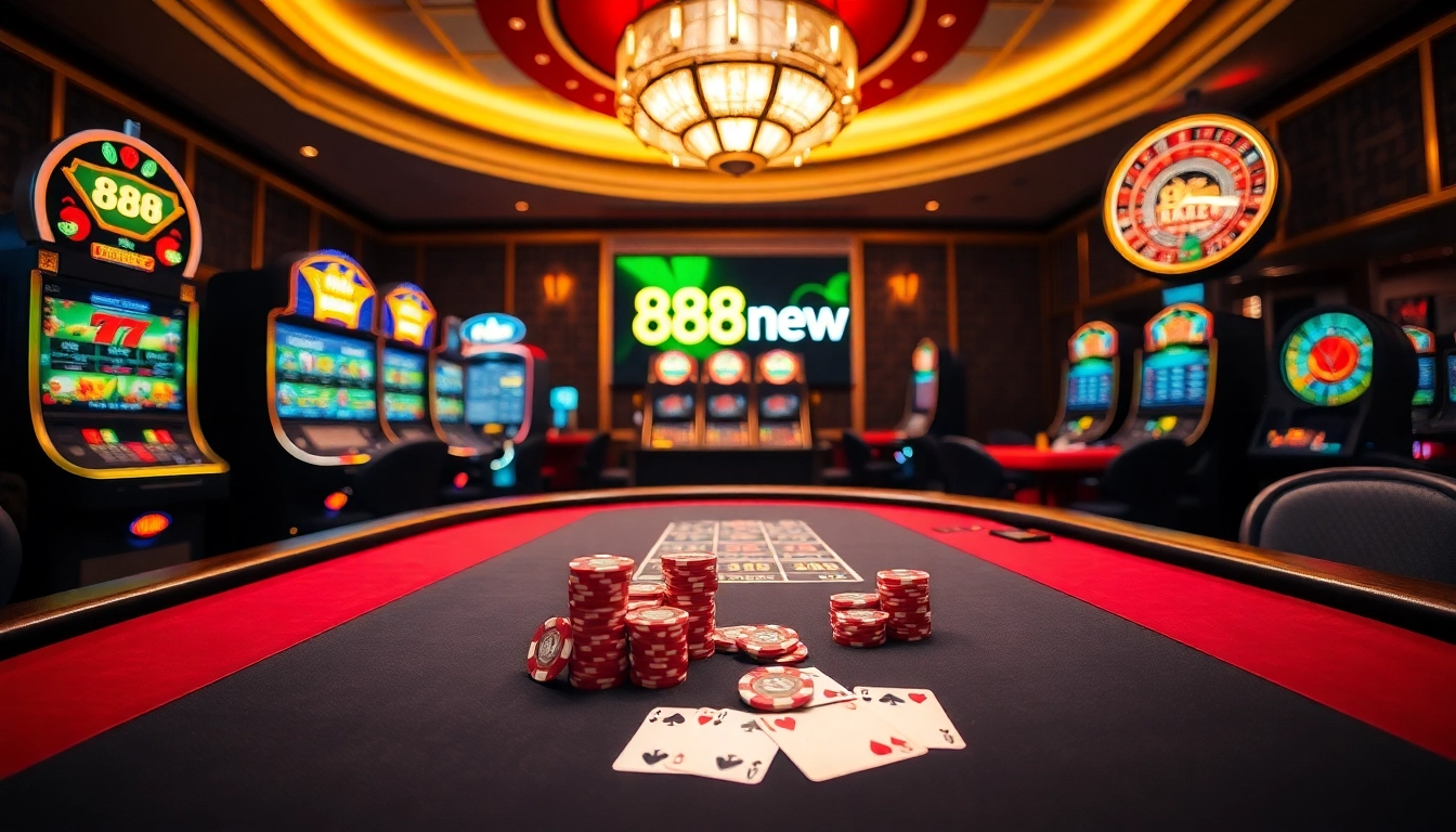 Experience high-stakes poker at 888new with vibrant chips and elegant casino tables.