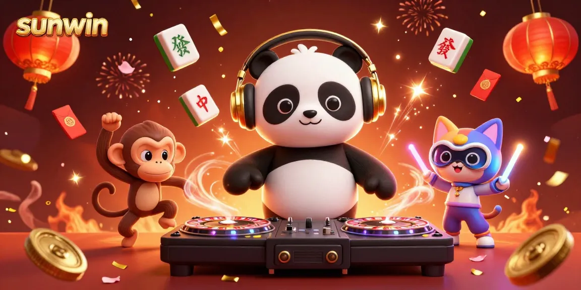 Experience the excitement of sunwin with a DJ panda, dancing monkey, and glow-stick kitten in a lively casino scene.