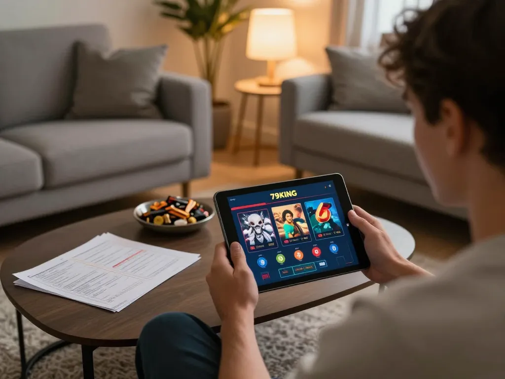 Engaging online gaming experience with 79KING casino app on tablet in cozy living room setup