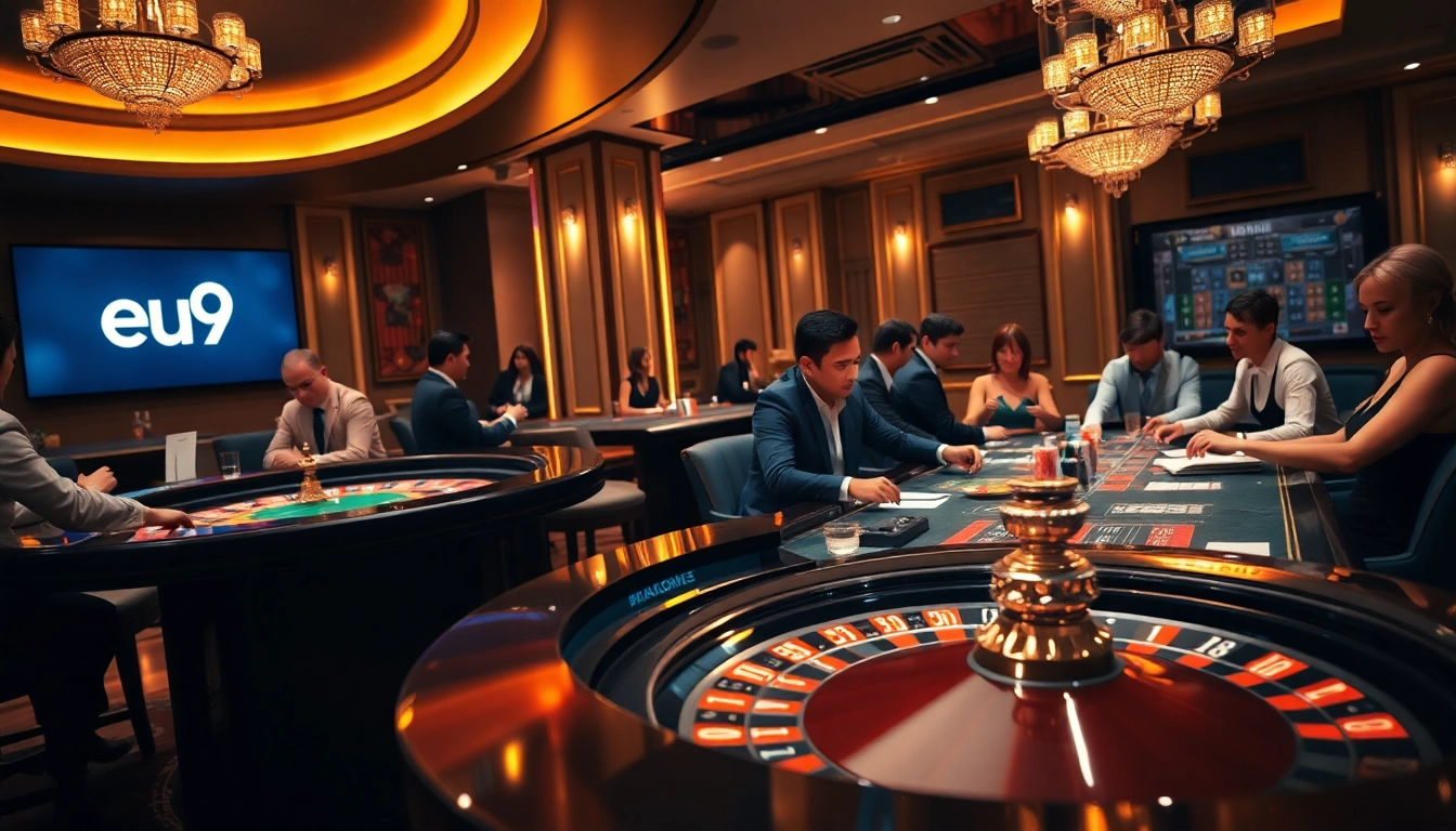 Experience the thrill of eu9 gaming with an exciting casino scene featuring roulette and poker tables.