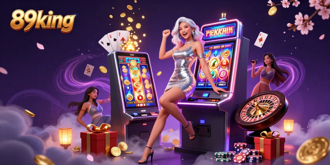 Win big with 89king at the vibrant slot machine surrounded by thrill and excitement.