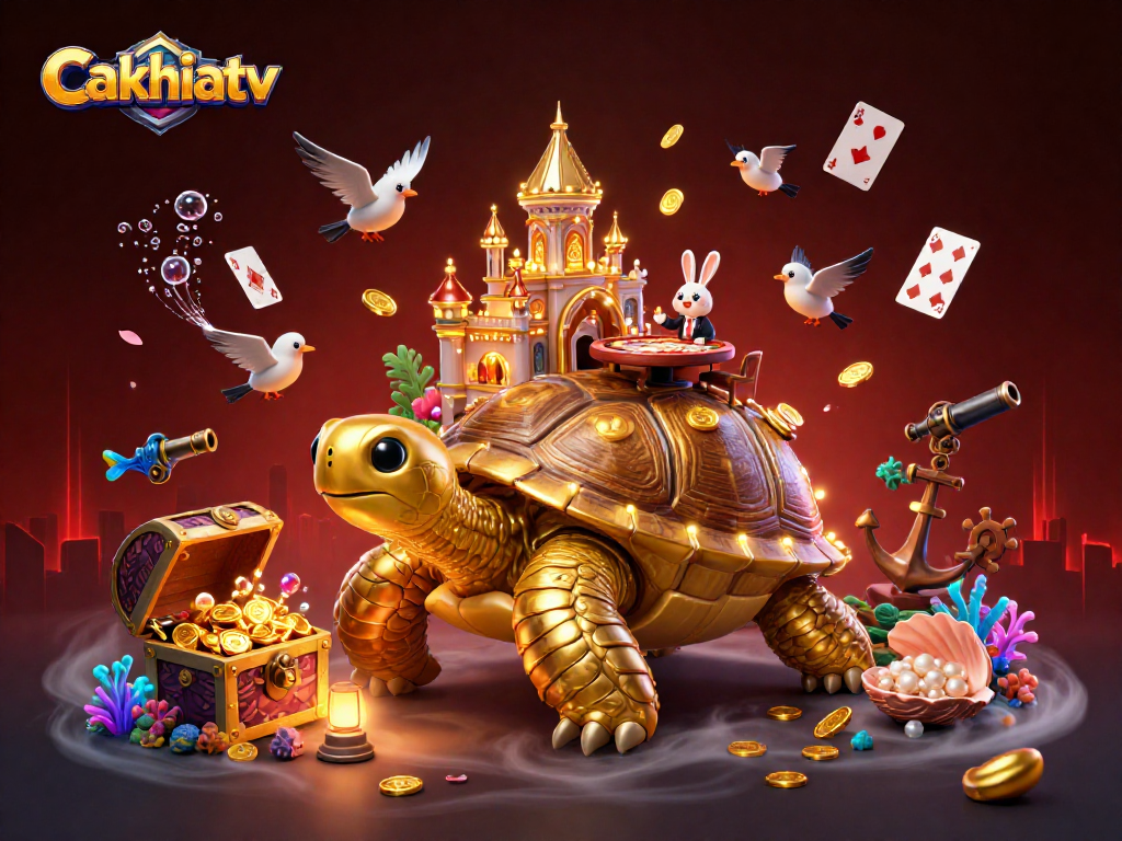 Cakhiatv showcases a vibrant casino scene with a golden tortoise and a rabbit dealer amidst flying coins and game elements.