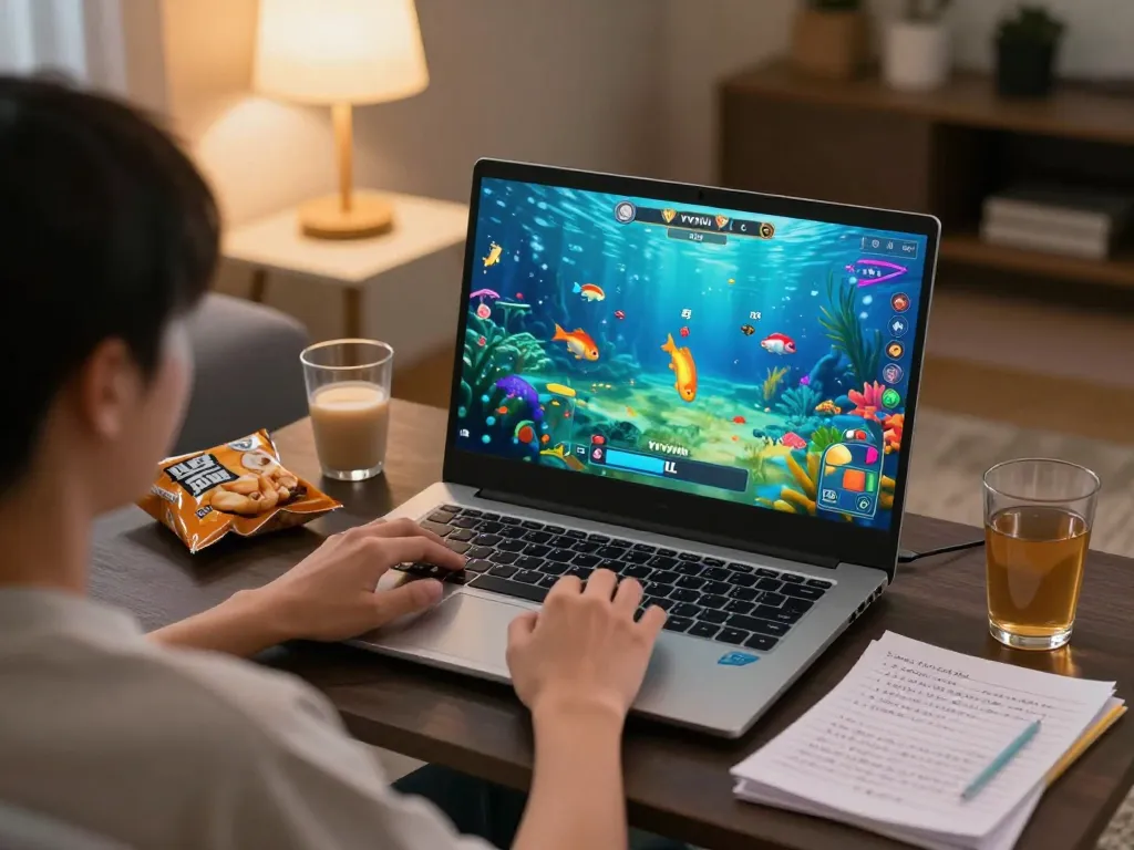 Player enjoying VVVWIN’s fish shooting game on a laptop in a cozy gaming atmosphere.