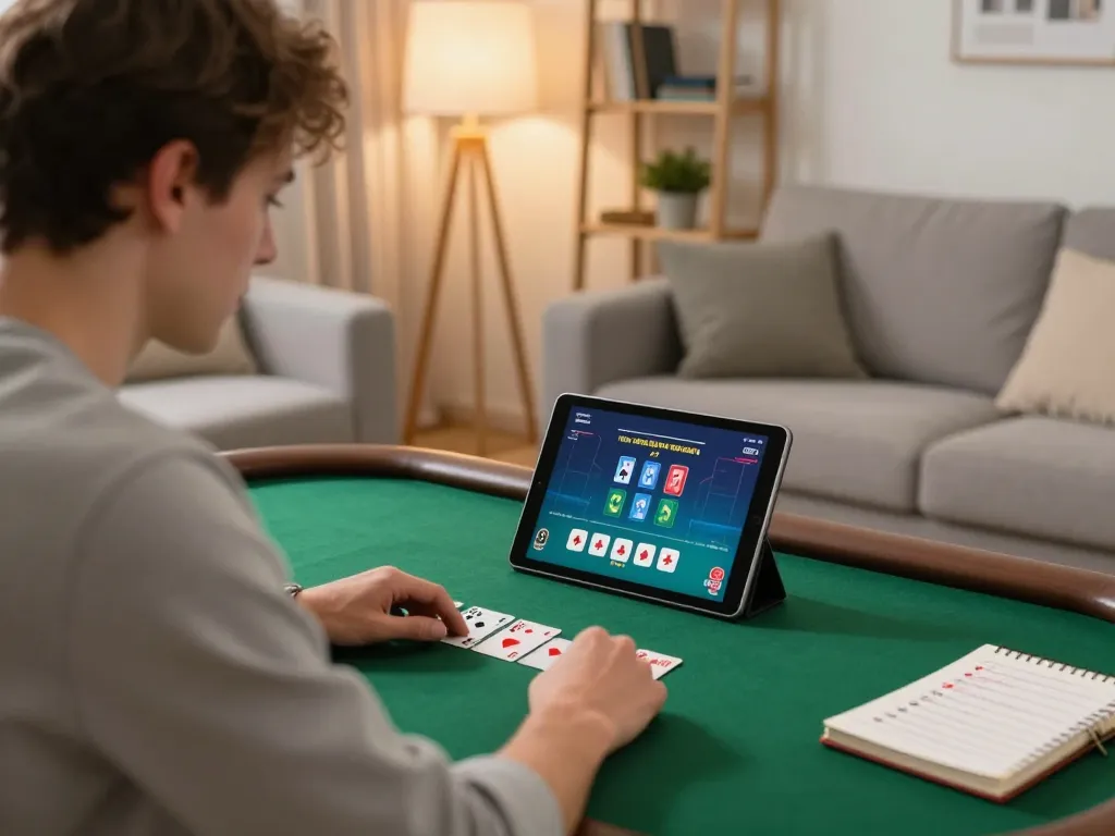 Hitclub player engaged in serious poker strategy at home in a cozy setting, blending gaming and relaxation.