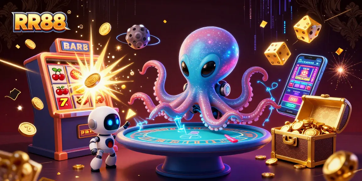 RR88 offers an exciting online gaming experience with alien octopus and robot at the casino.