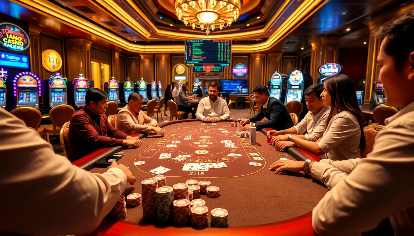 The excitement of gambling at Trang Chủ Go8 featuring vibrant poker chips and a luxurious casino setting.