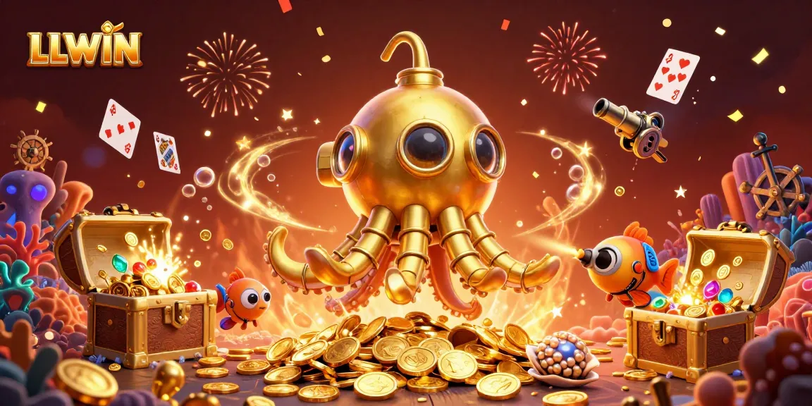 Engage with LLWIN as the kraken submarine navigates a treasure-filled sea in this dynamic 3D casino illustration.